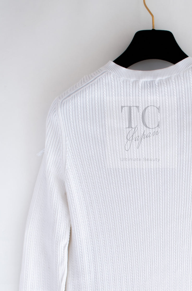 CHANEL 22PS White Cotton Lion Buttons Long Cardigan 36 シャネル ホワイト コットン ライオン ボタン ロング ニット カーディガン 即発