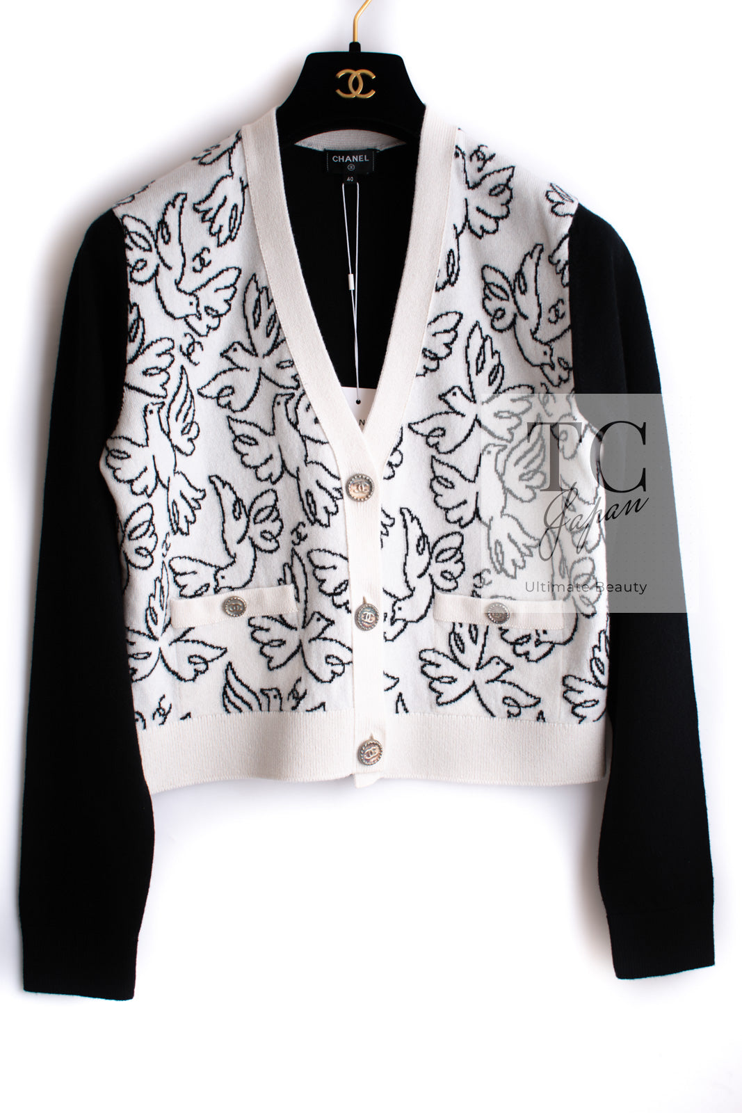 CHANEL 22C White Black Bird Pattern Cashmere Knit Cardigan 38 40 シャネル ホワイト ブラック トリ柄 カシミヤ ニット カーディガン 即発