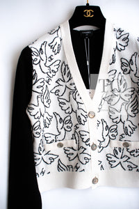 CHANEL 22C White Black Bird Pattern Cashmere Knit Cardigan 38 40 シャネル ホワイト ブラック トリ柄 カシミヤ ニット カーディガン 即発