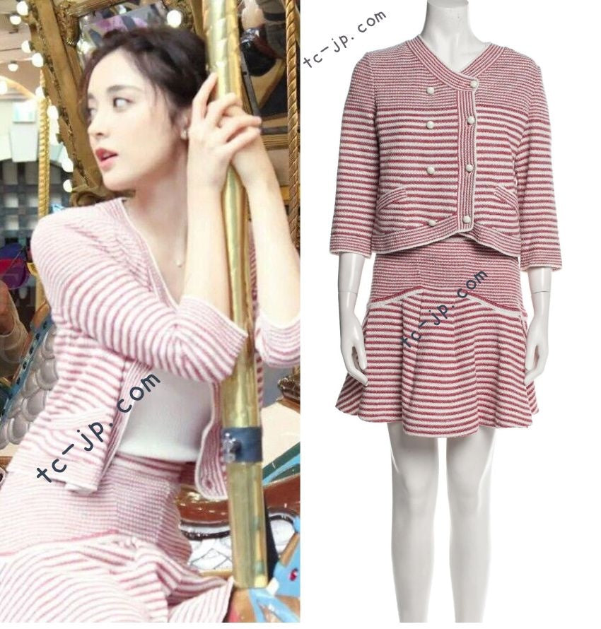 CHANEL 15S Red Stripe Knit Cardigan Skirt Set 38 シャネル レッド ストライプ ニット カーディガン スカート セット 即発