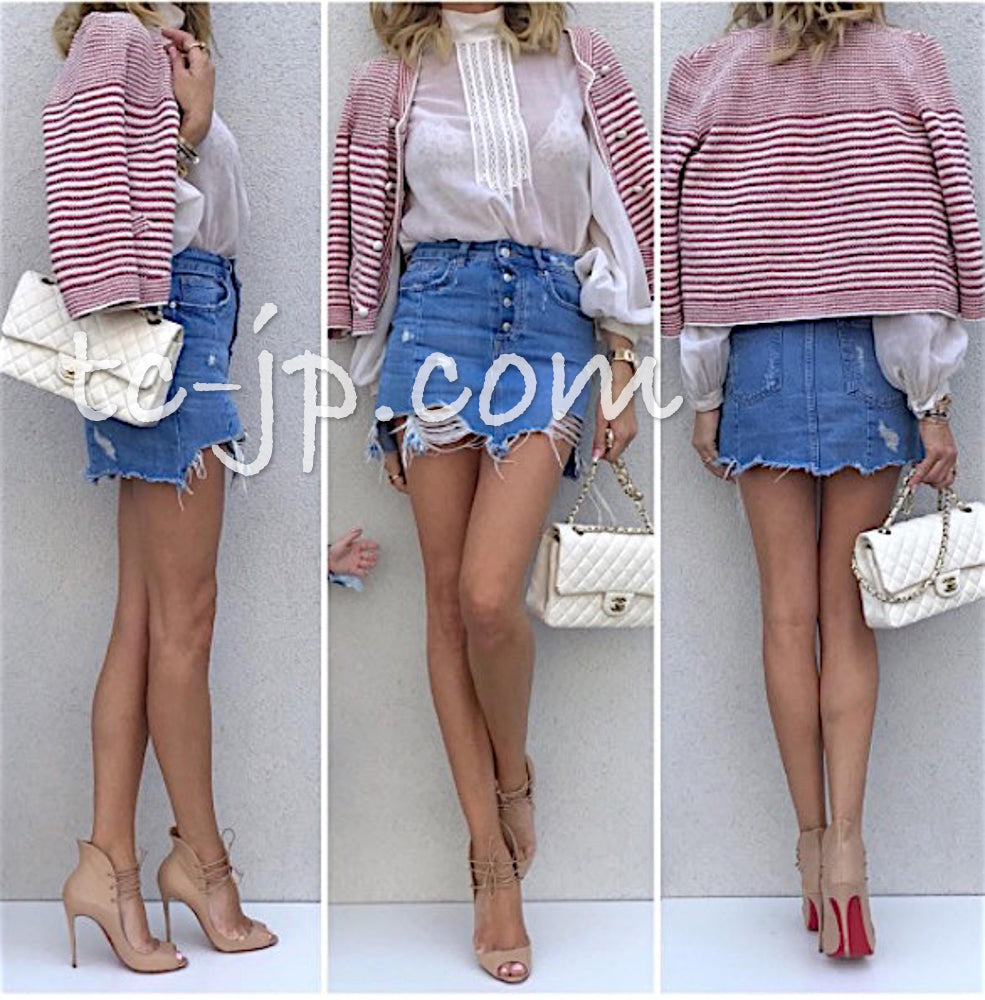 CHANEL 15S Red Blue Stripe Knit Cardigan 38 シャネル レッド ブルー ストライプ ニット カーディガン 即発