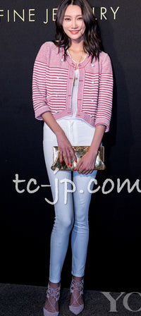 CHANEL 15S Red Blue Stripe Knit Cardigan 38 シャネル レッド ブルー ストライプ ニット カーディガン 即発