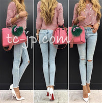 CHANEL 15S Red Blue Stripe Knit Cardigan 38 シャネル レッド ブルー ストライプ ニット カーディガン 即発