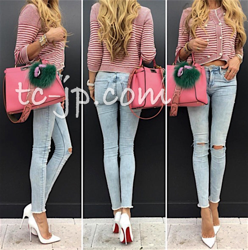 CHANEL 15S Red Blue Stripe Knit Cardigan 38 シャネル レッド ブルー ストライプ ニット カーディガン 即発