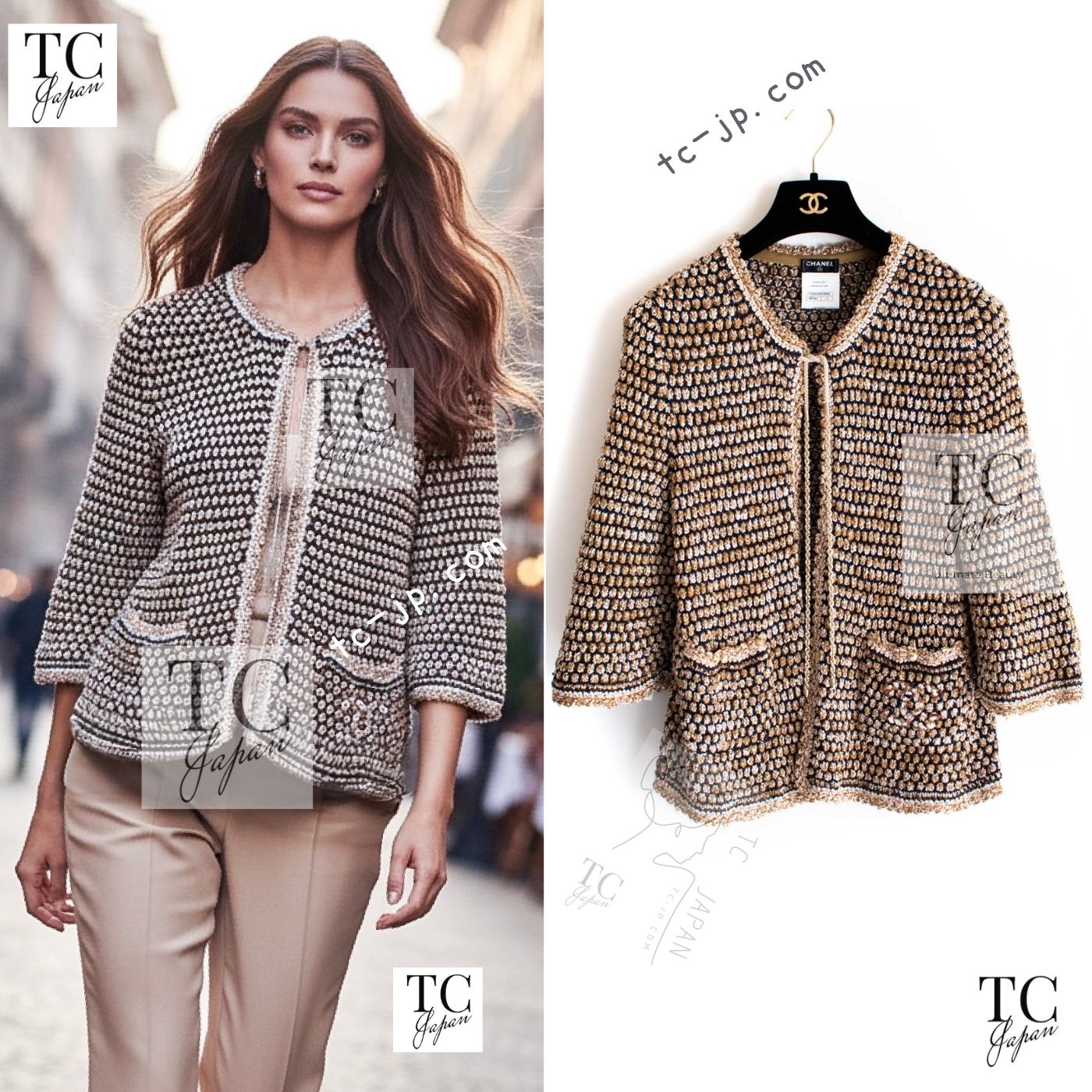 CHANEL 11S Champagne Gold Navy Knit Cardigan 38 40 シャネル シャンパンゴールド ネイビー 女優の ニット カーディガン 即発