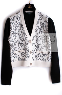CHANEL 22C White Black Bird Pattern Cashmere Knit Cardigan 36 シャネル ホワイト ブラック トリ柄 カシミヤ ニット カーディガン 即発