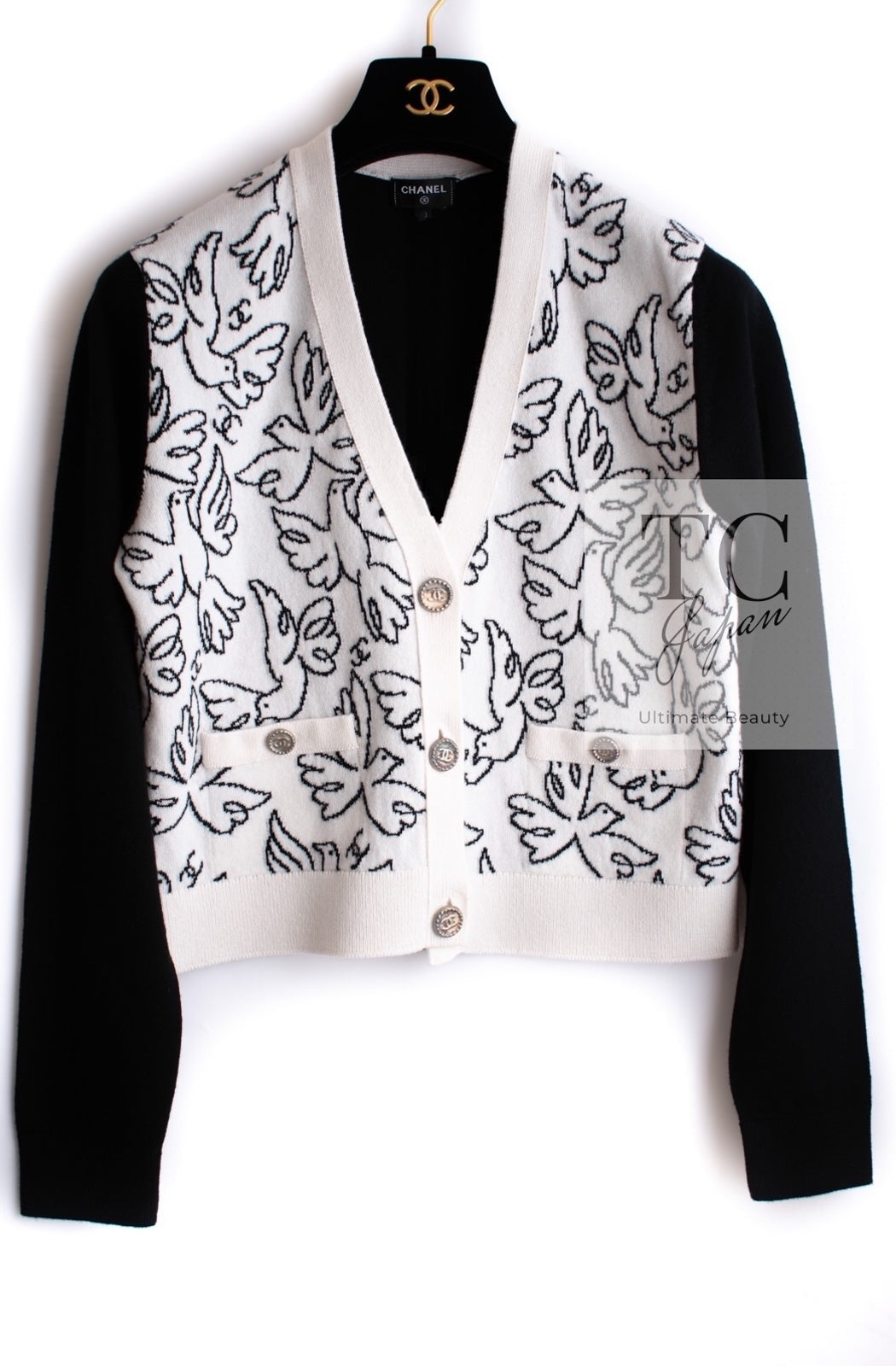CHANEL 22C White Black Bird Pattern Cashmere Knit Cardigan 36 シャネル ホワイト ブラック トリ柄 カシミヤ ニット カーディガン 即発