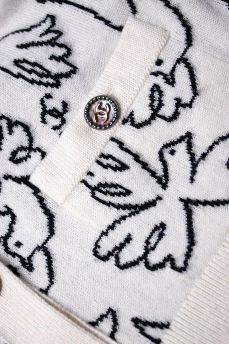 CHANEL 22C White Black Bird Pattern Cashmere Knit Cardigan 36 シャネル ホワイト ブラック トリ柄 カシミヤ ニット カーディガン 即発