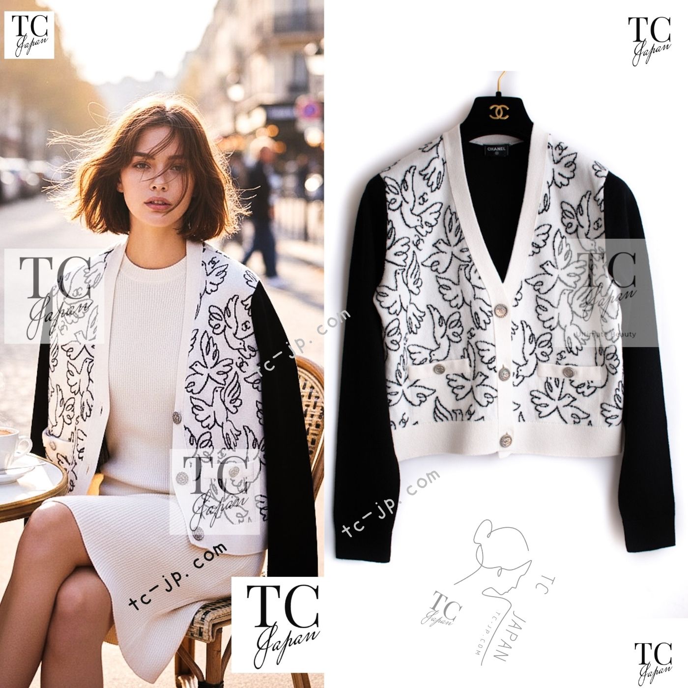 シャネル カーディガン CHANEL 22C ホワイト ブラック カシミヤ ニット