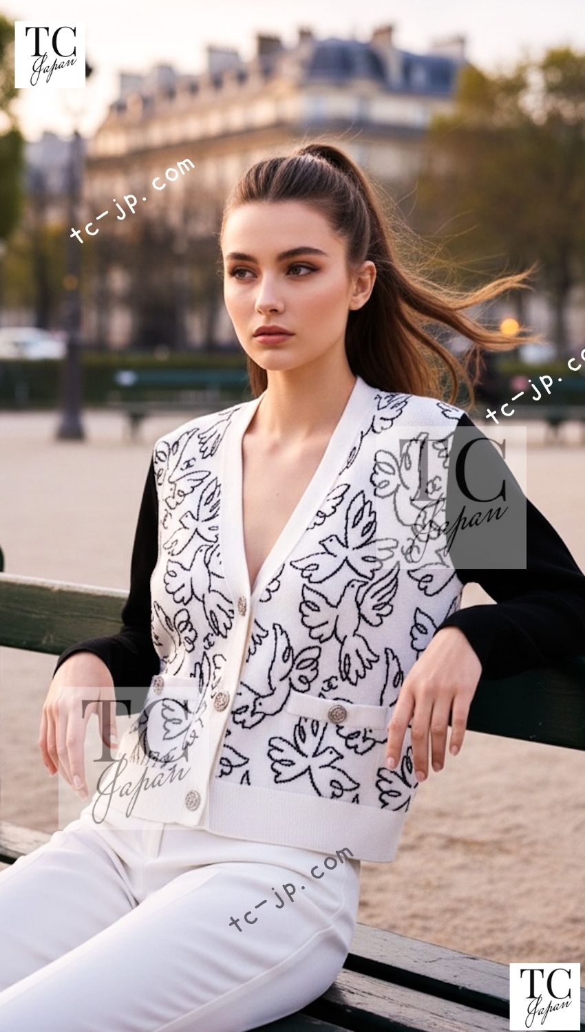 CHANEL 22C White Black Bird Pattern Cashmere Knit Cardigan 36 38 40 シャネル ホワイト ブラック トリ柄 カシミヤ ニット カーディガン 即発 - TC JAPAN