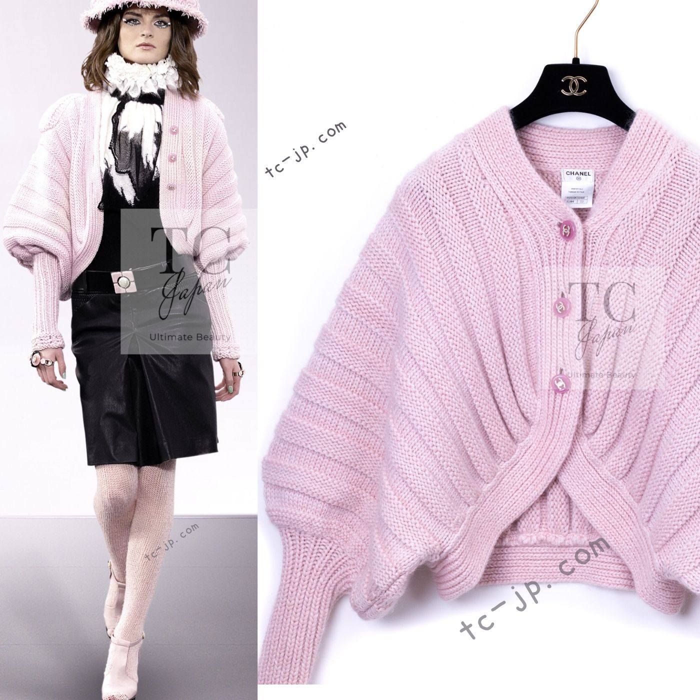 CHANEL 09A Pink Cashmere Dolman Sleeve CC Logo Buttons Knit Cardigan 40 42 44 シャネル ピンク カシミヤ ドルマンスリーブ ココボタン ニット カーディガン 即発