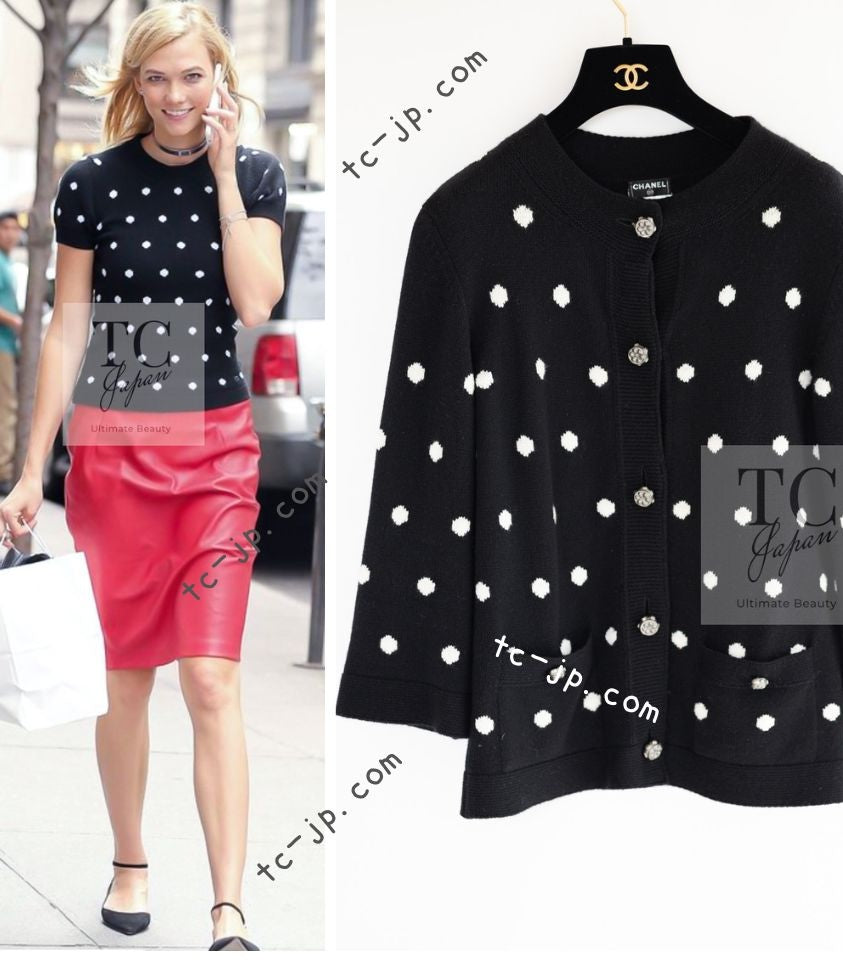 CHANEL 08A Black Dot Logo Cashmere Knit Cardigan 40 シャネル ブラック ドット ロゴ カシミヤ ニット カーディガン 即発