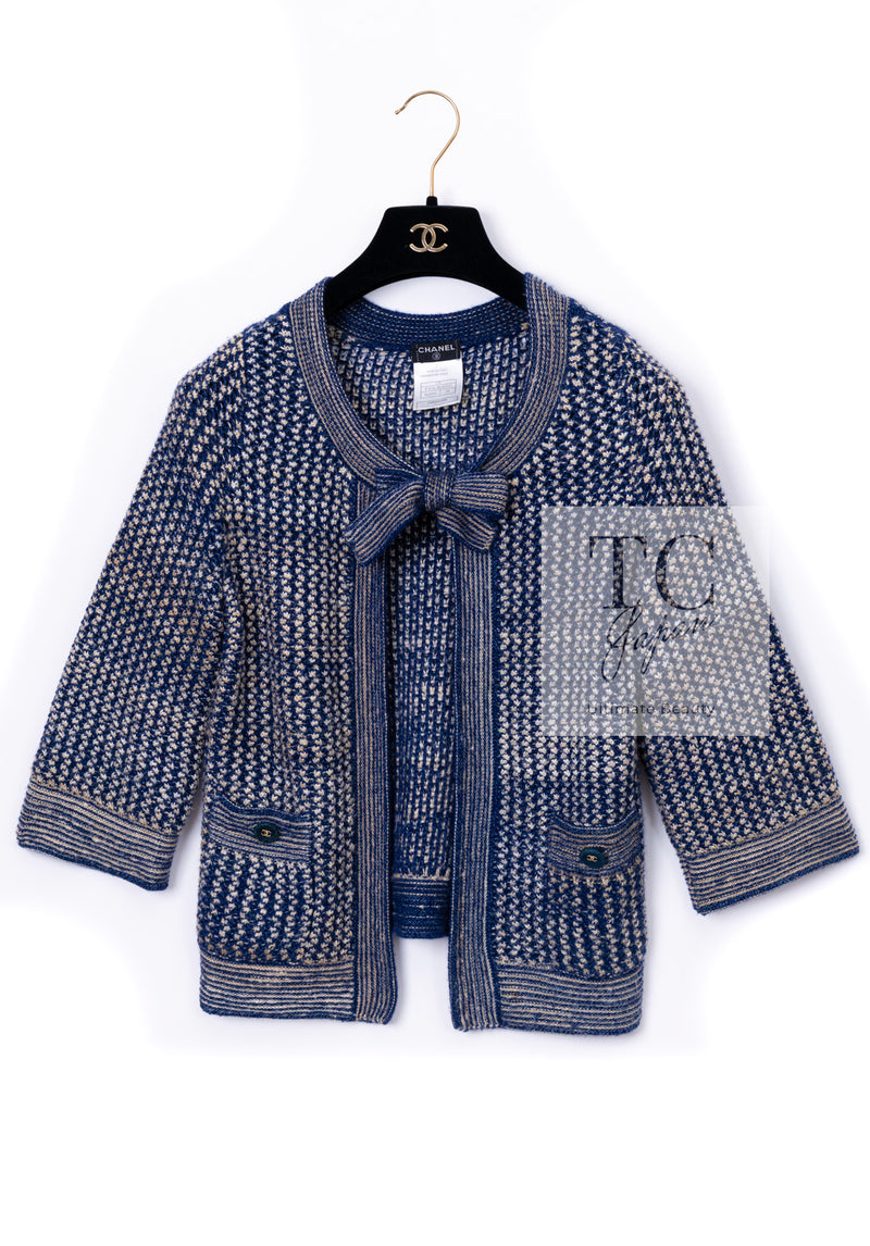 CHANEL 07S Navy Beige Silk Cotton Cashmere CC Logo Button Knit Cardigan 34 36 シャネル ネイビー ベージュ シルク コットン カシミヤ CC ココボタン ニット カーディガン 即発