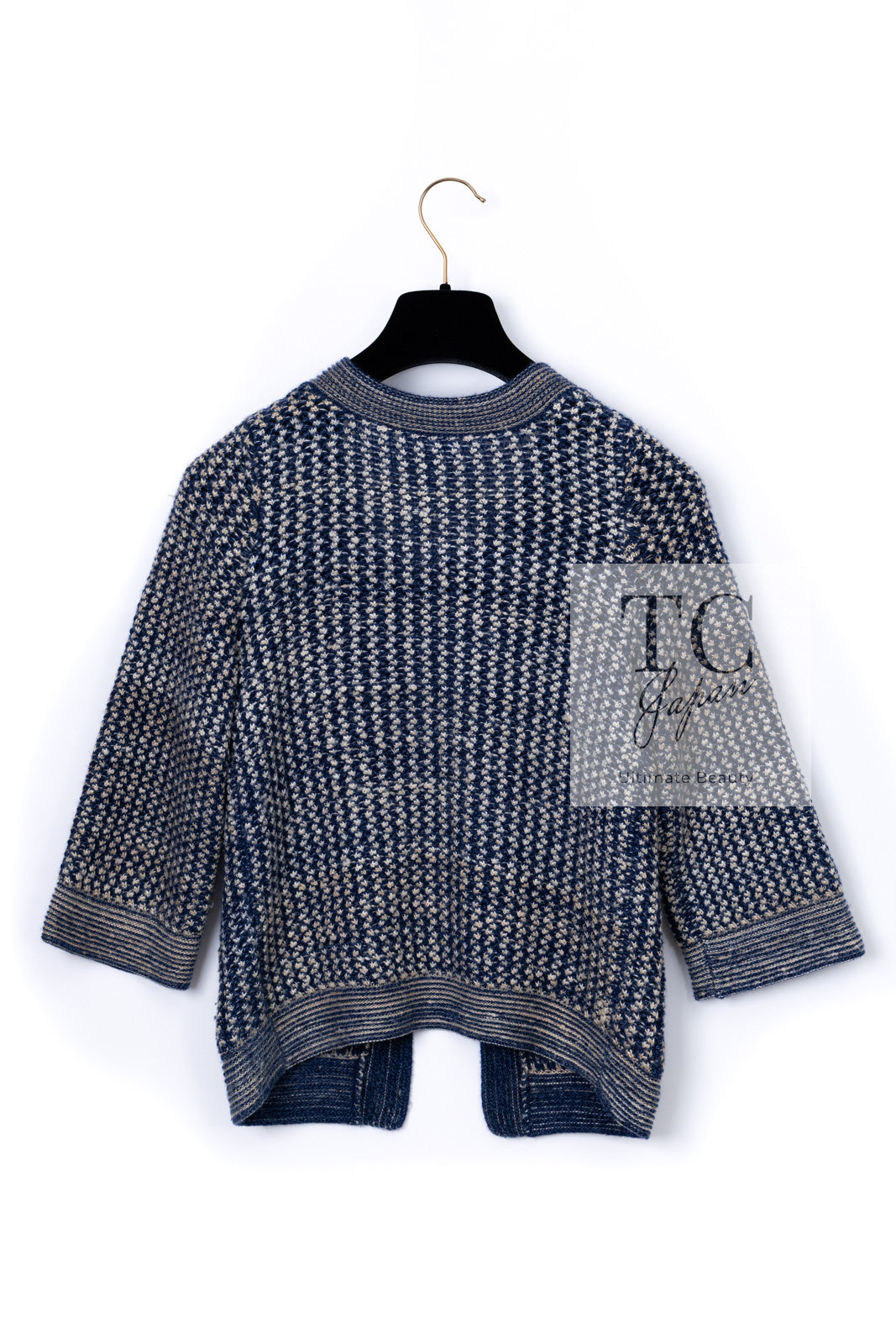CHANEL 07S Navy Beige Silk Cotton Cashmere CC Logo Button Knit Cardigan 34 36 シャネル ネイビー ベージュ シルク コットン カシミヤ CC ココボタン ニット カーディガン 即発