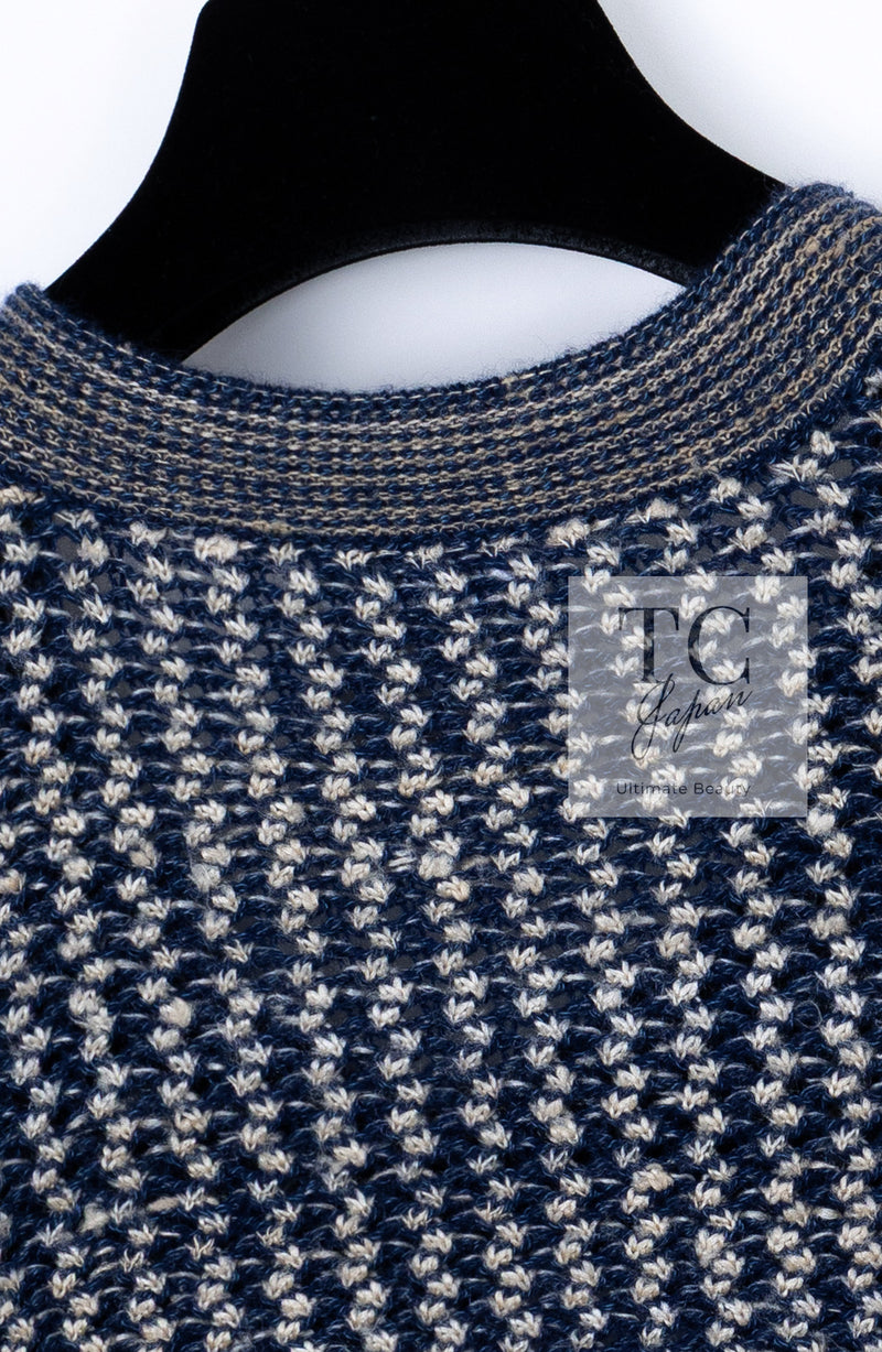 CHANEL 07S Navy Beige Silk Cotton Cashmere CC Logo Button Knit Cardigan 34 36 シャネル ネイビー ベージュ シルク コットン カシミヤ CC ココボタン ニット カーディガン 即発