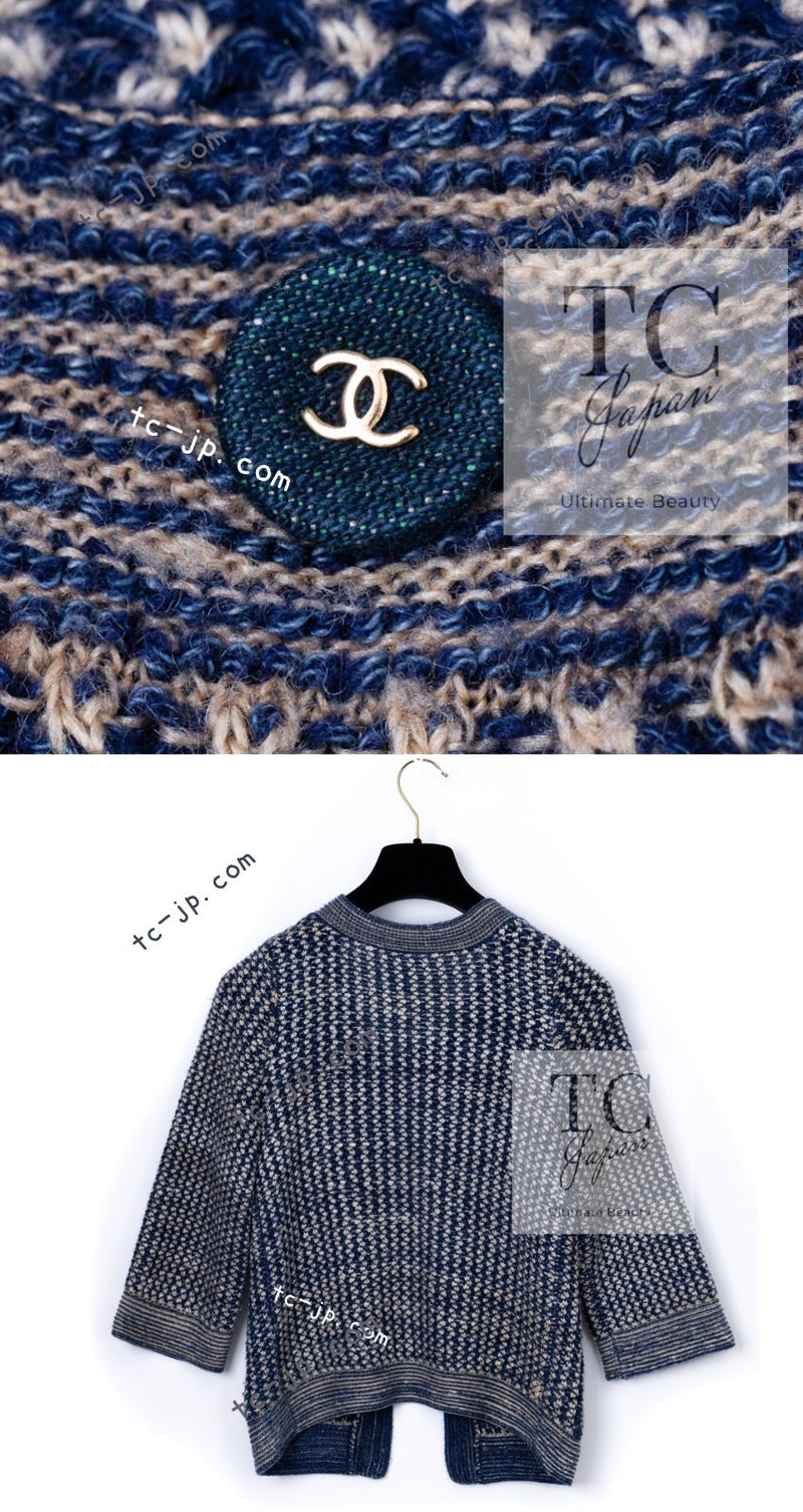 CHANEL 07S Navy Beige Silk Cotton Cashmere CC Logo Button Knit Cardigan 34 36 シャネル ネイビー ベージュ シルク コットン カシミヤ CC ココボタン ニット カーディガン 即発