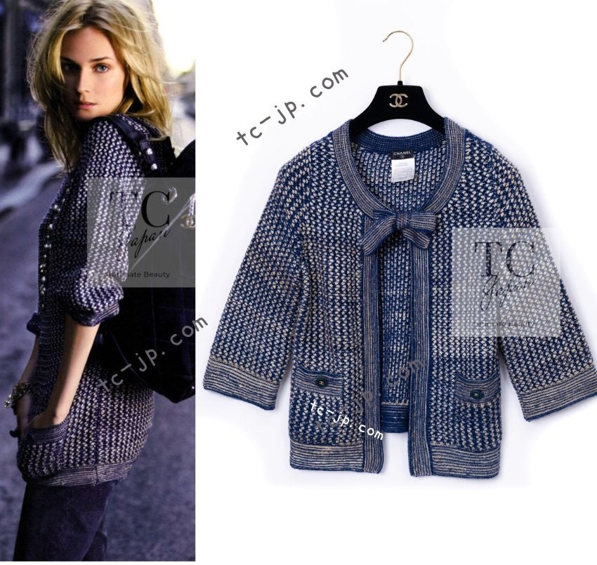 CHANEL 07S Navy Beige Silk Cotton Cashmere CC Logo Button Knit Cardigan 34 36 シャネル ネイビー ベージュ シルク コットン カシミヤ CC ココボタン ニット カーディガン 即発