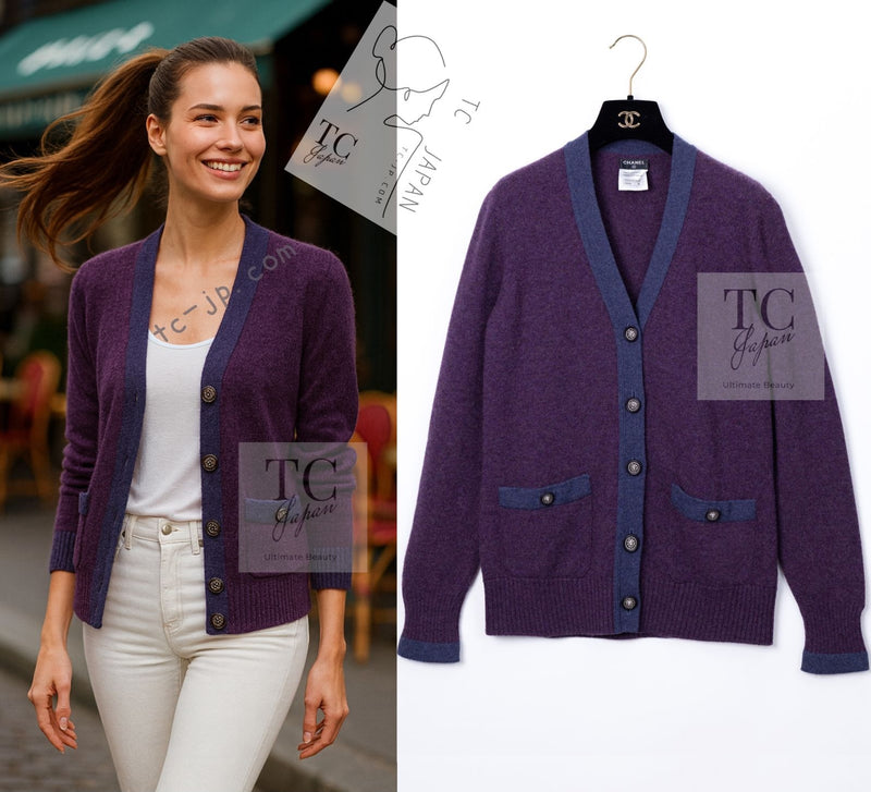 CHANEL 14B Plum Purple Lion Button Cashmere 100 Knit Cardigan 38 シャネル プラム パープル ライオンボタン カシミヤ 100 ニット カーディガン 即発