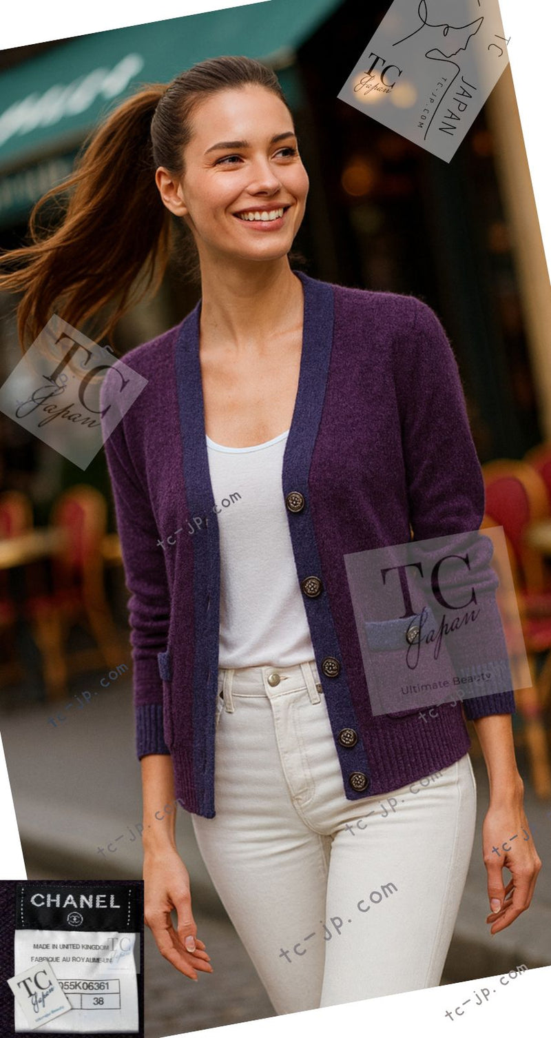 CHANEL 14B Plum Purple Lion Button Cashmere 100 Knit Cardigan 38 シャネル プラム パープル ライオンボタン カシミヤ 100 ニット カーディガン 即発