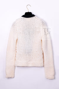 CHANEL 03A Ivory Creme Black Frill Wool Knit Cardigan 38 シャネル アイボリー クリーム ブラック フリル ウール ニット カーディガン 即発