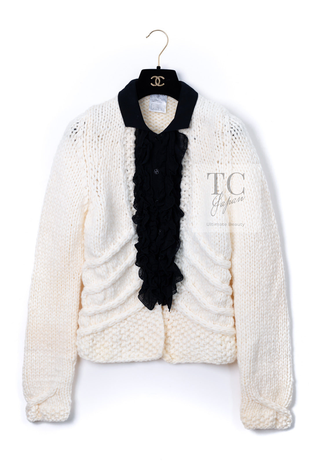 CHANEL 03A Ivory Creme Black Frill Wool Knit Cardigan 38 シャネル アイボリー クリーム ブラック フリル ウール ニット カーディガン 即発