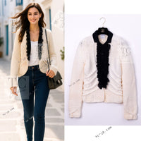 CHANEL 03A Ivory Creme Black Frill Wool Knit Cardigan 38 シャネル アイボリー クリーム ブラック フリル ウール ニット カーディガン 即発