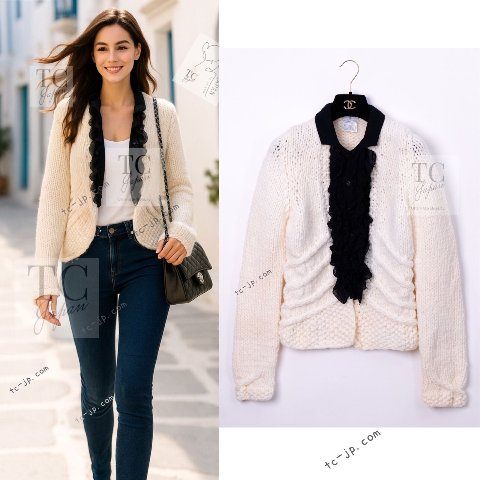 CHANEL 03A Ivory Creme Black Frill Wool Knit Cardigan 38 シャネル アイボリー クリーム ブラック フリル ウール ニット カーディガン 即発