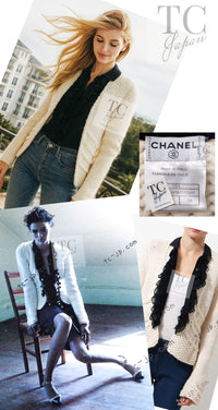 CHANEL 03A Ivory Creme Black Frill Wool Knit Cardigan 38 シャネル アイボリー クリーム ブラック フリル ウール ニット カーディガン 即発