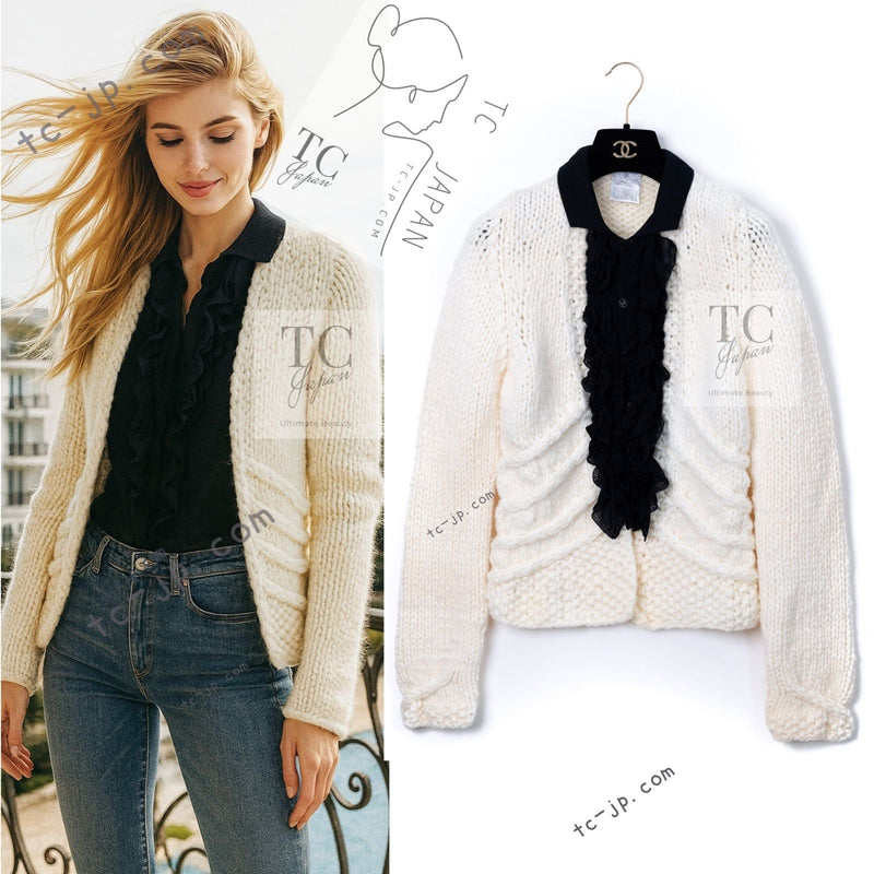 CHANEL 03A Ivory Creme Black Frill Wool Knit Cardigan 38 シャネル アイボリー クリーム ブラック フリル ウール ニット カーディガン 即発