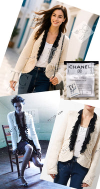 CHANEL 03A Ivory Creme Black Frill Wool Knit Cardigan 38 シャネル アイボリー クリーム ブラック フリル ウール ニット カーディガン 即発