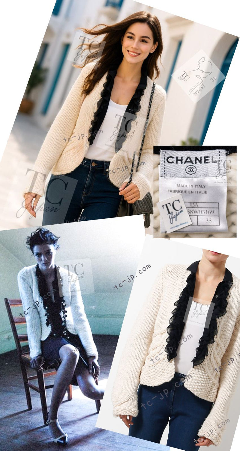 CHANEL 03A Ivory Creme Black Frill Wool Knit Cardigan 38 シャネル アイボリー クリーム ブラック フリル ウール ニット カーディガン 即発