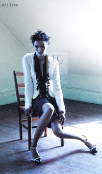 CHANEL 03A Ivory Creme Black Frill Wool Knit Cardigan 38 シャネル アイボリー クリーム ブラック フリル ウール ニット カーディガン 即発