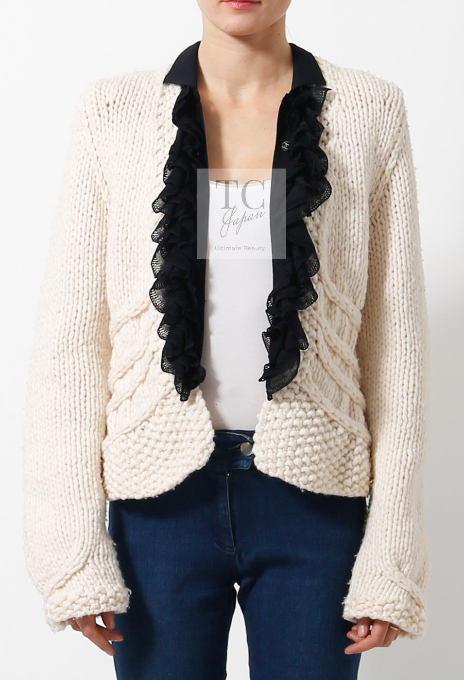 CHANEL 03A Ivory Creme Black Frill Wool Knit Cardigan 38 シャネル アイボリー クリーム ブラック フリル ウール ニット カーディガン 即発