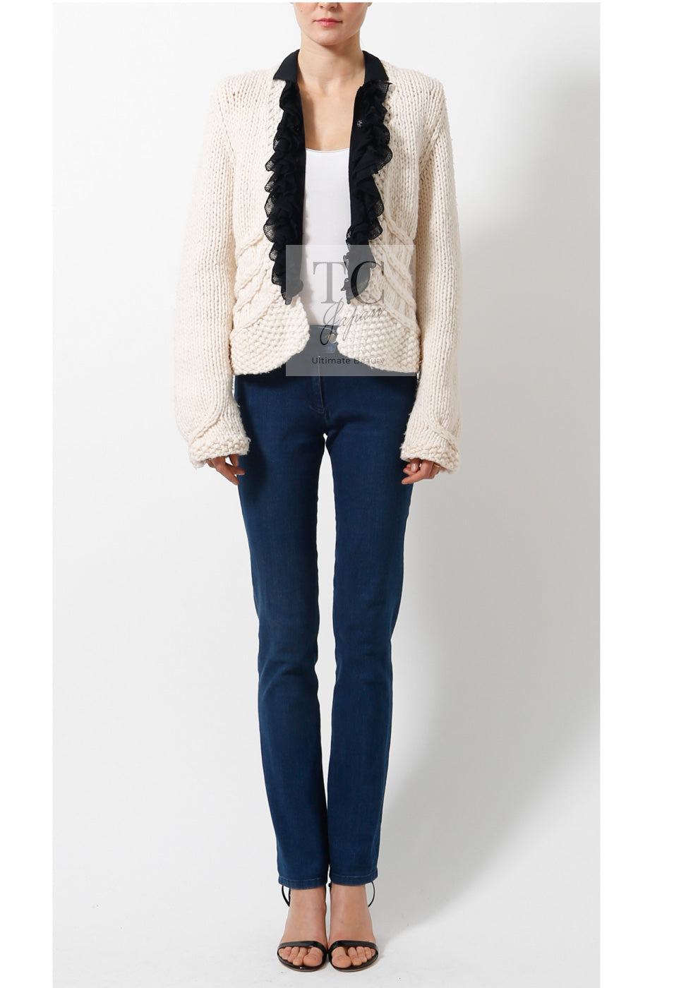 CHANEL 03A Ivory Creme Black Frill Wool Knit Cardigan 38 シャネル アイボリー クリーム ブラック フリル ウール ニット カーディガン 即発