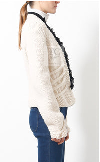 CHANEL 03A Ivory Creme Black Frill Wool Knit Cardigan 38 シャネル アイボリー クリーム ブラック フリル ウール ニット カーディガン 即発