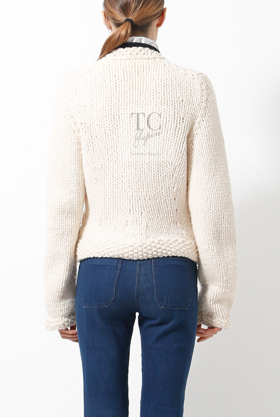 CHANEL 03A Ivory Creme Black Frill Wool Knit Cardigan 38 シャネル アイボリー クリーム ブラック フリル ウール ニット カーディガン 即発