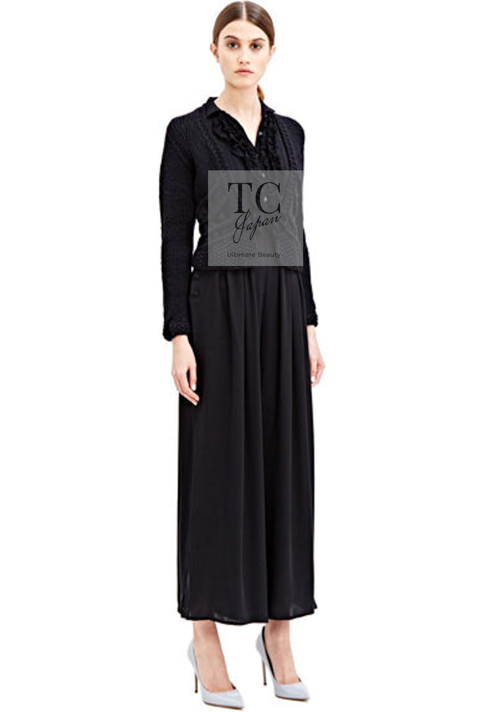 CHANEL 03A Ivory Creme Black Frill Wool Knit Cardigan 38 シャネル アイボリー クリーム ブラック フリル ウール ニット カーディガン 即発