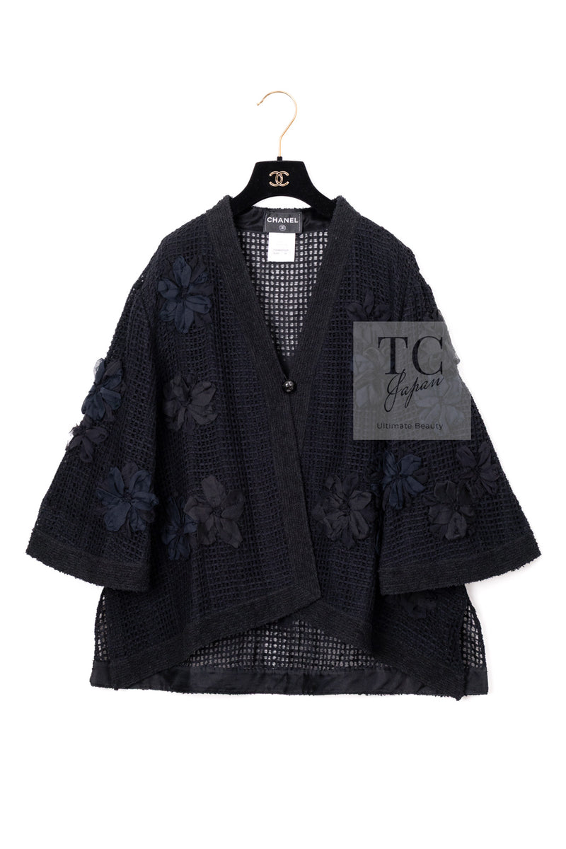 CHANEL 15S Black Floral Cardigan Jacket 38 40 42 シャネル ブラック フローラル 装飾 カーディガン ジャケット 即発