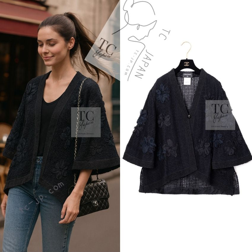 シャネル カーディガン ジャケット CHANEL ブラック フローラル 装飾