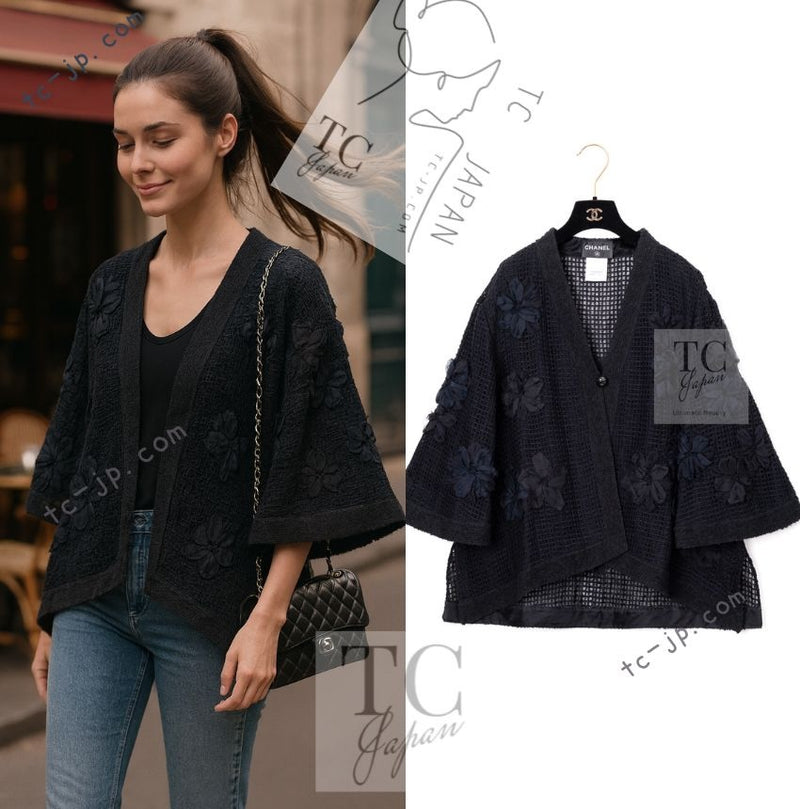 CHANEL 15S Black Floral Cardigan Jacket 38 40 42 シャネル ブラック フローラル 装飾 カーディガン ジャケット 即発