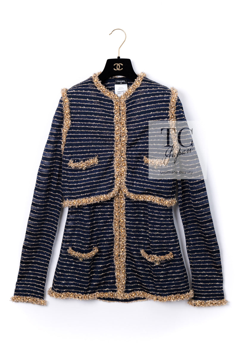 CHANEL 15C Navy Gold Metallic Pearl Trim Cardigan & Vest 38 シャネル ネイビー ゴールド メタリック パール トリミング カーディガン & ベスト 即発
