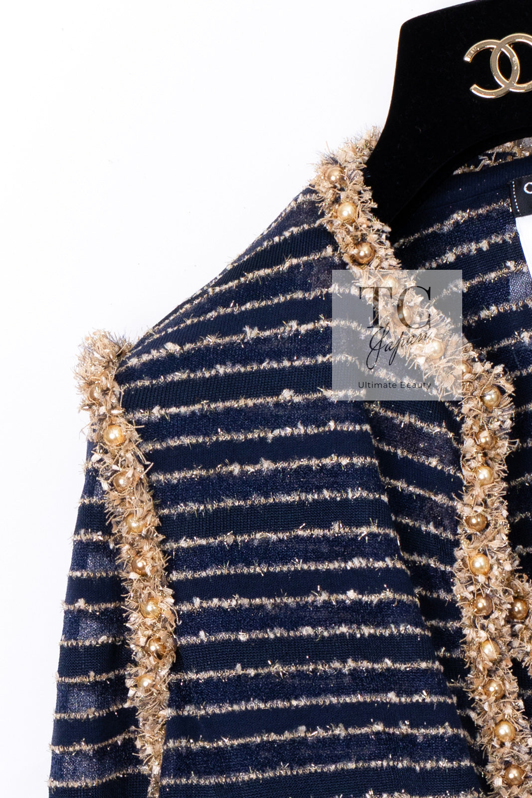 CHANEL 15C Navy Gold Metallic Pearl Trim Cardigan & Vest 38 シャネル ネイビー ゴールド メタリック パール トリミング カーディガン & ベスト 即発