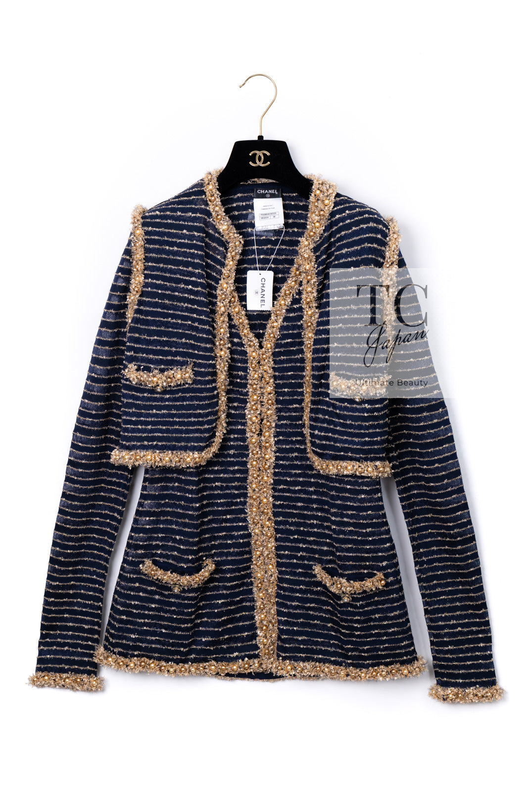 CHANEL 15C Navy Gold Metallic Pearl Trim Cardigan & Vest 38 シャネル ネイビー ゴールド メタリック パール トリミング カーディガン & ベスト 即発