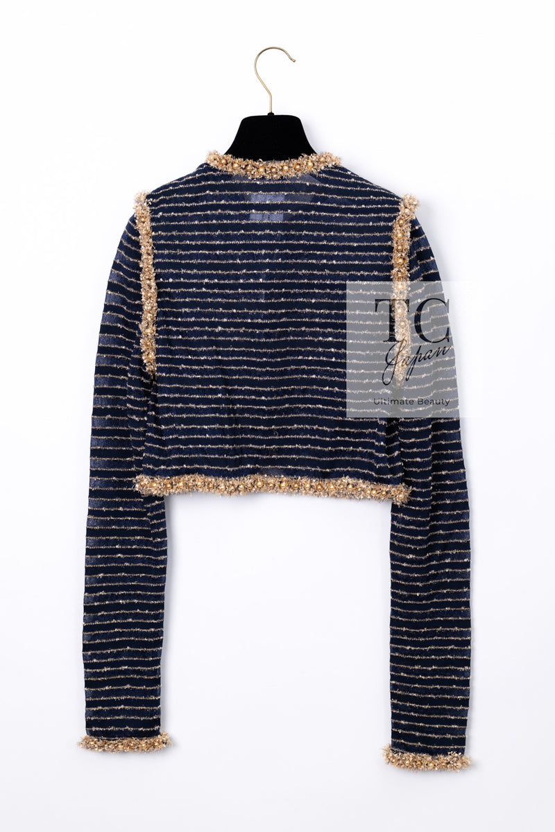 CHANEL 15C Navy Gold Metallic Pearl Trim Cardigan & Vest 38 シャネル ネイビー ゴールド メタリック パール トリミング カーディガン & ベスト 即発