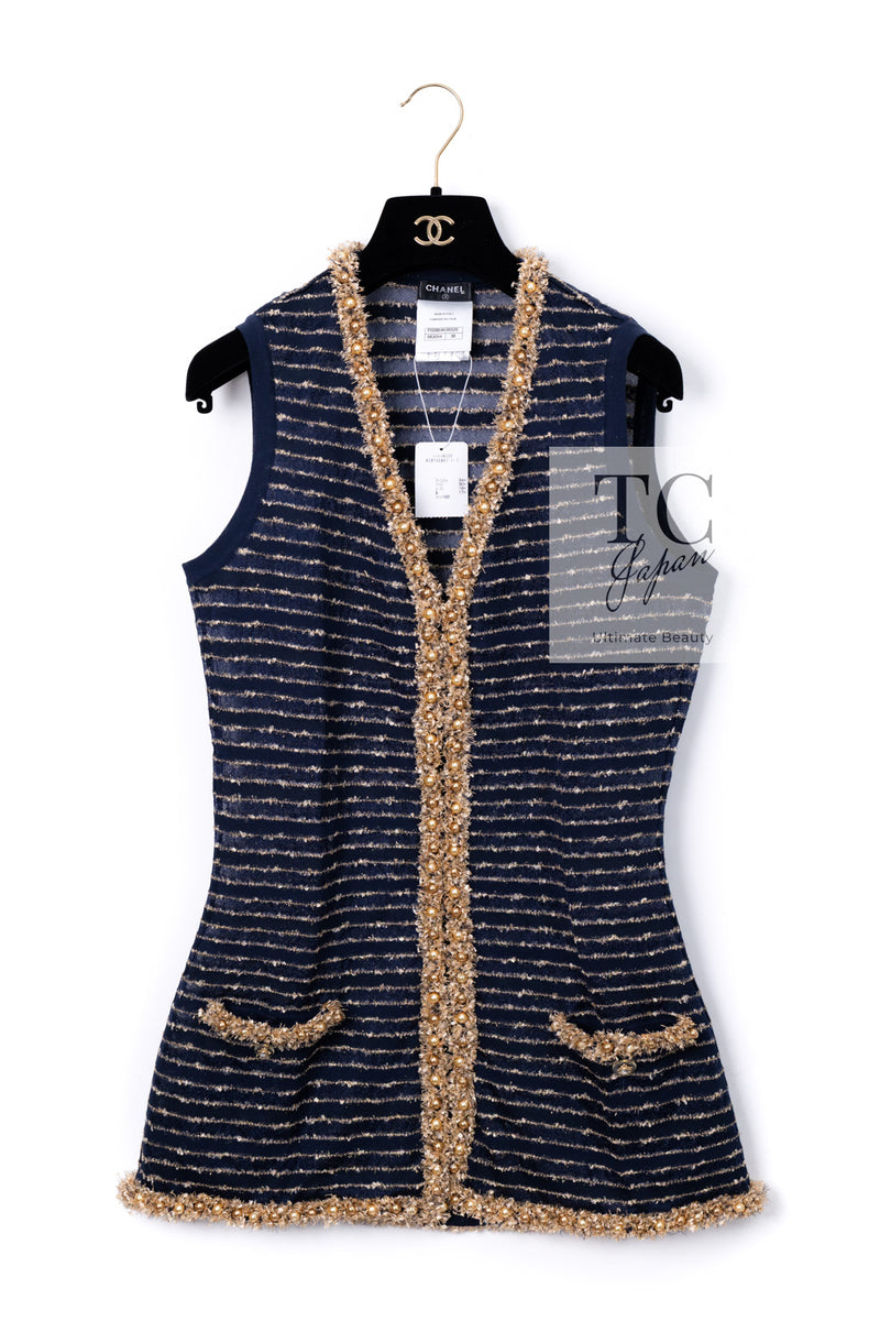 CHANEL 15C Navy Gold Metallic Pearl Trim Cardigan & Vest 38 シャネル ネイビー ゴールド メタリック パール トリミング カーディガン & ベスト 即発
