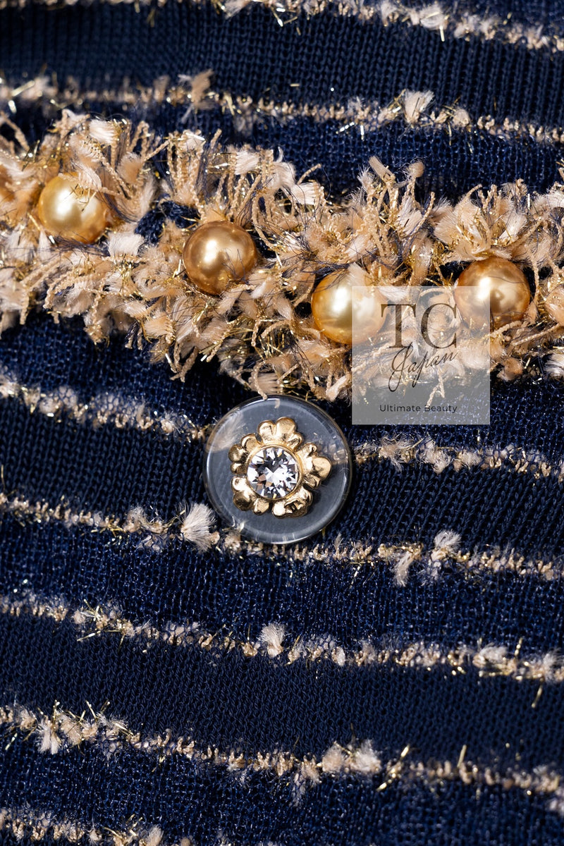 CHANEL 15C Navy Gold Metallic Pearl Trim Cardigan & Vest 38 シャネル ネイビー ゴールド メタリック パール トリミング カーディガン & ベスト 即発
