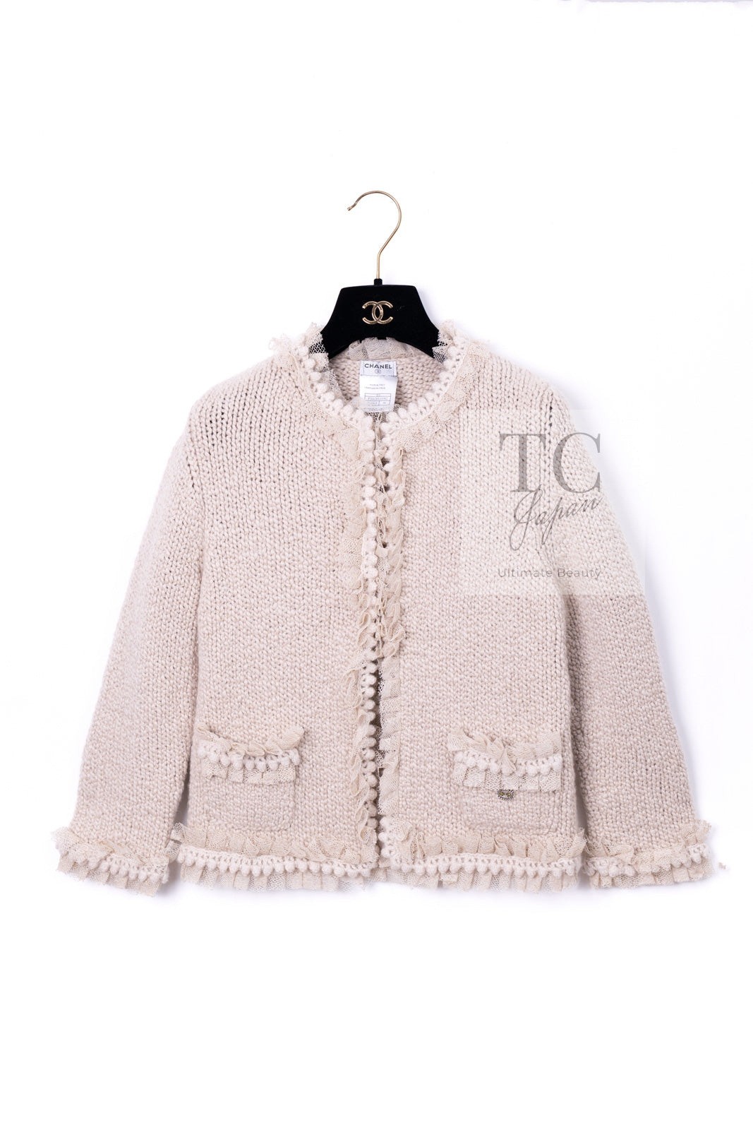 CHANEL 05A Beige Fringe Cashmere Knit Jacket Cardigan 34 36 シャネル ベージュ フリンジ カシミヤ ニット ジャケット カーディガン 即発