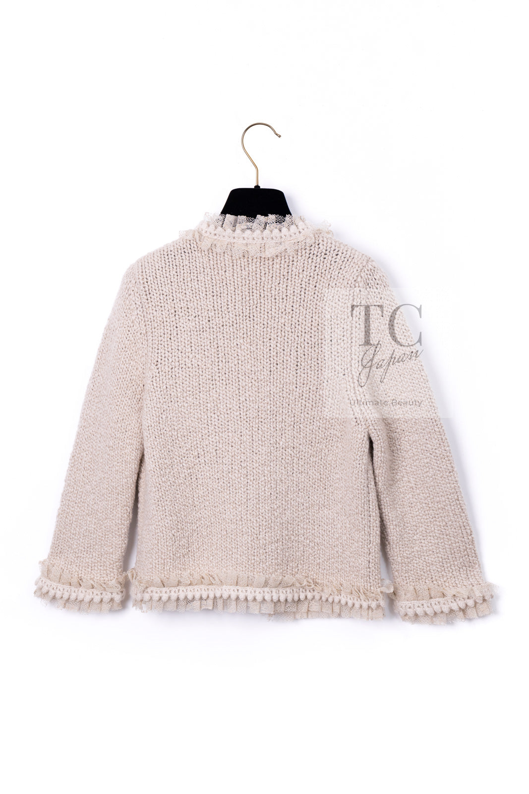 CHANEL 05A Beige Fringe Cashmere Knit Jacket Cardigan 34 36 シャネル ベージュ フリンジ カシミヤ ニット ジャケット カーディガン 即発