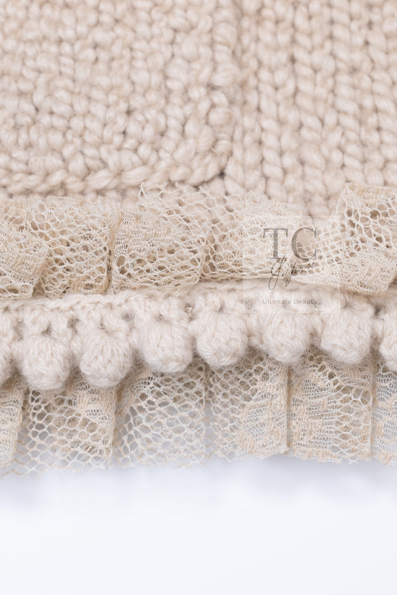 CHANEL 05A Beige Fringe Cashmere Knit Jacket Cardigan 34 36 シャネル ベージュ フリンジ カシミヤ ニット ジャケット カーディガン 即発