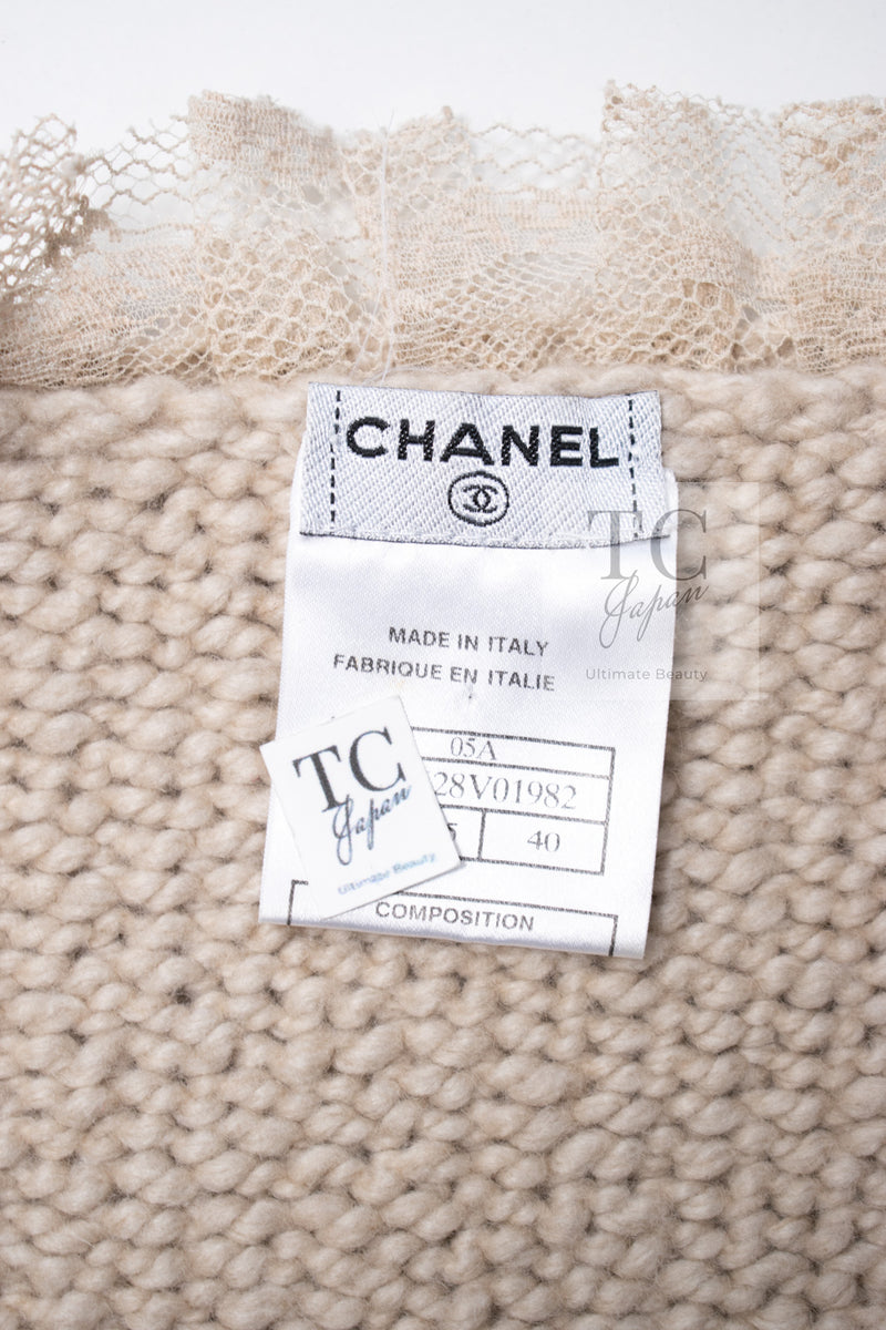 CHANEL 05A Beige Fringe Cashmere Knit Jacket Cardigan 34 36 シャネル ベージュ フリンジ カシミヤ ニット ジャケット カーディガン 即発